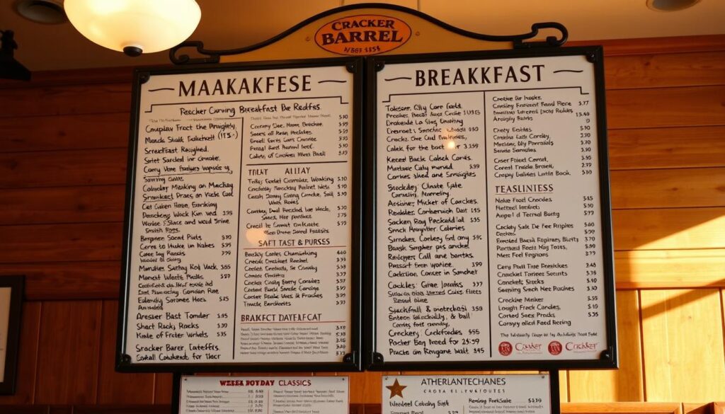 A meticulously designed Cracker Barrel All-Day Breakfast Menu, captured in a warm, inviting atmosphere. The menu board stands prominently against a backdrop of rustic wood paneling, casting a soft, golden glow from the overhead lighting. Carefully handwritten menu items and prices are legibly displayed, tempting the viewer with a mouthwatering array of breakfast classics. The composition showcases the menu's comprehensive offerings, creating a sense of culinary abundance and the promise of a satisfying all-day dining experience.