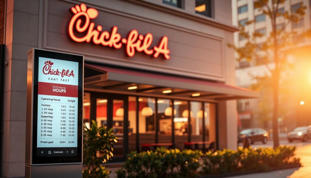 A modern, minimalist storefront for a Chick-fil-A restaurant, bathed in warm, golden-hour lighting. The exterior features clean lines, a prominent entrance, and the iconic Chick-fil-A logo prominently displayed. In the foreground, a digital directory screen shows the current operating hours for this location, with a simple, intuitive interface. The middle ground showcases the restaurant's facade, with lush greenery and a meticulously landscaped outdoor seating area. The background blends seamlessly with the urban environment, hinting at the bustling neighborhood surrounding the establishment. The overall atmosphere conveys a sense of welcoming accessibility and attention to detail, inviting passersby to discover their local Chick-fil-A hours.