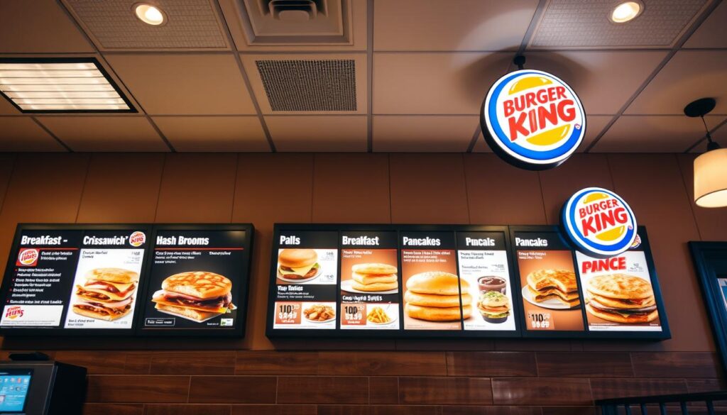 A pristine Burger King restaurant interior, with a brightly lit breakfast menu board prominently displayed on the wall. The menu features a selection of classic breakfast items such as Croissan'wich sandwiches, Hash Browns, and Pancakes, all presented in a clean, appetizing manner. The lighting is warm and inviting, creating a cozy atmosphere. The camera angle is slightly elevated, capturing the full breadth of the menu while emphasizing its centrality within the space. The overall impression is one of a welcoming, high-quality breakfast experience at Burger King.
