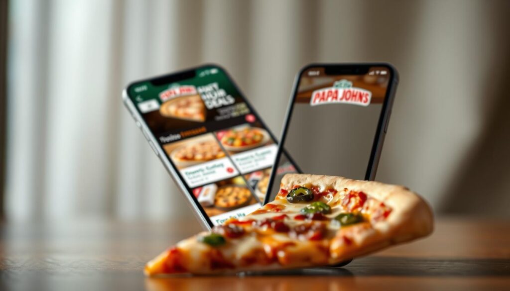 A sleek and modern mobile app interface floats against a softly blurred background, showcasing a variety of appetizing Papa John's pizza deals. In the foreground, a tantalizing close-up of a freshly baked pizza slice with melted cheese and vibrant toppings takes center stage, highlighting the high quality of the food. The app's user-friendly layout and intuitive navigation are emphasized through clean lines, simple icons, and a color palette of warm tones that evoke a sense of comfort and convenience. Subtle lighting from the top left casts a soft glow, enhancing the appetizing presentation. The overall atmosphere conveys a seamless and enjoyable mobile ordering experience during the Happy Hour specials.