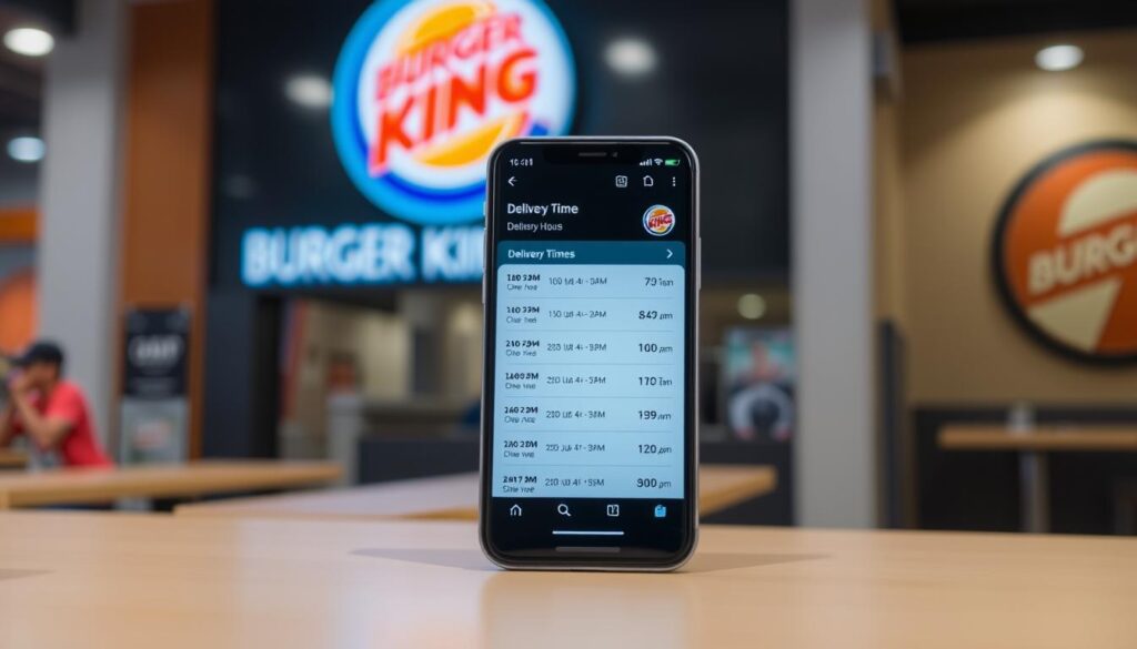 A sleek and modern mobile app interface showcasing the Burger King delivery service hours. In the foreground, a smartphone screen displays the app's delivery time menu, with clear and organized information on the daily hours of operation. The background features a blurred image of a Burger King restaurant, subtly hinting at the real-world connection. The overall aesthetic is clean, vibrant, and inviting, reflecting the convenience and accessibility of the Burger King mobile app for on-the-go customers.