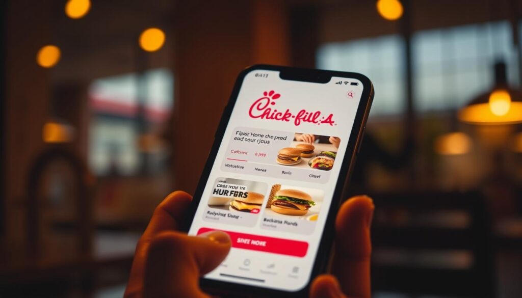 A sleek and modern mobile app interface with a prominent Chick-fil-A logo and a clean, minimalist design. The screen displays an order placement section with vibrant food imagery, intuitive navigation menus, and a clear call-to-action button. The user interface is bathed in warm, golden lighting, creating a cozy and inviting atmosphere. The scene is captured from a slightly elevated angle, giving a sense of depth and showcasing the app's responsive, user-friendly layout. The background is slightly blurred, maintaining focus on the app's key features and functionality.