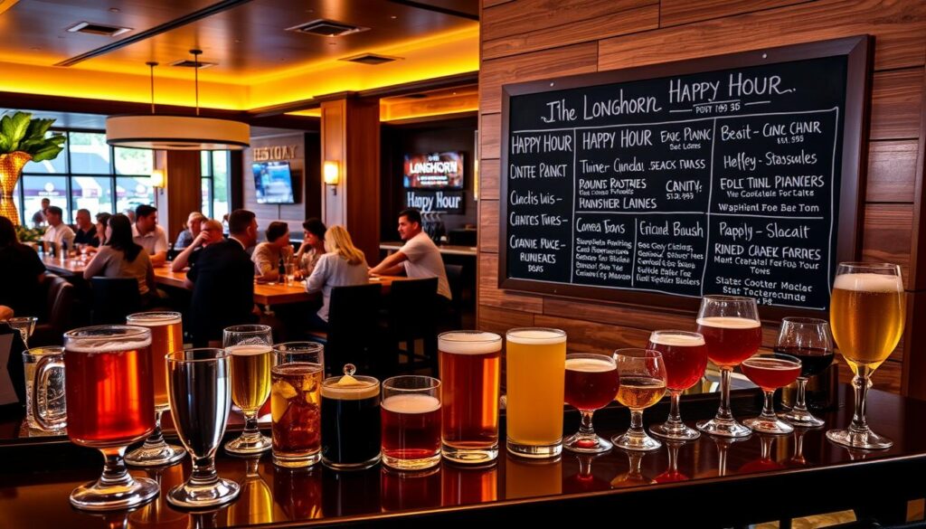 A sleek, modern bar interior with warm lighting and wooden accents. In the foreground, an array of cocktail glasses, beer mugs, and wine glasses are arranged on a polished bar counter, showcasing the various happy hour drink specials. In the middle ground, patrons are seated at high-top tables, engaged in lively conversation and enjoying their beverages. The background features a wall-mounted chalkboard menu highlighting the happy hour food and drink deals, along with the competing establishments' offerings in a side-by-side comparison. The overall scene conveys a vibrant and inviting atmosphere, enticing viewers to explore the Longhorn happy hour experience.