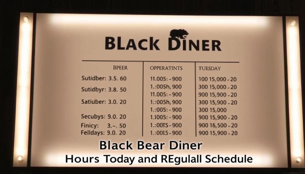 A sleek, modern sign board illuminated by soft, warm lighting, showcasing the operating hours of the Black Bear Diner. The schedule is presented in a clean, easy-to-read format, with the diner's logo prominently displayed. The background features a subtle, textured wood grain pattern, conveying a cozy, rustic ambiance. The overall composition is balanced, with the hours schedule taking center stage, surrounded by a minimalist, yet elegant design. The image exudes a welcoming and inviting atmosphere, perfectly suited to illustrate the section on "Black Bear Diner Hours Today and Regular Schedule" in the article.