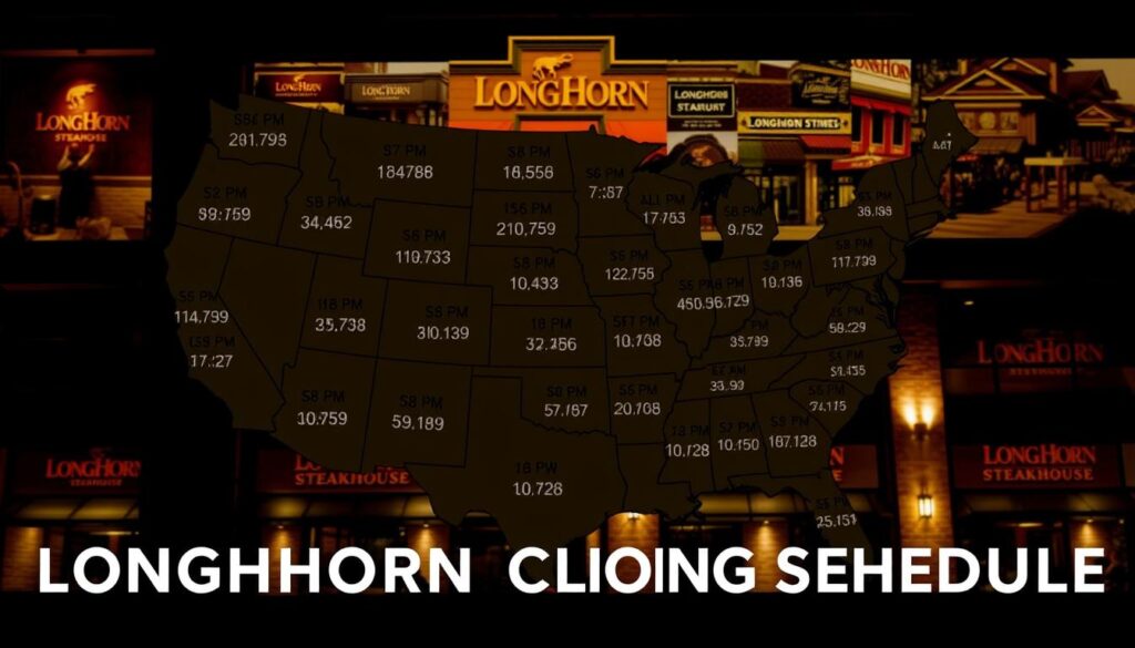 A striking visual representation of the regional variations in LongHorn Steakhouse closing schedules. In the foreground, a detailed map of the United States, with each state showcasing the unique closing times of the local LongHorn restaurants, ranging from as early as 8 PM to as late as midnight. The middle ground features a collage of LongHorn Steakhouse storefront images, each with distinct architectural styles and signage, reflecting the diverse regional aesthetics. In the background, a warm, golden-hued ambiance evokes the cozy and inviting atmosphere of the steakhouse dining experience, while subtle shadows and highlights accentuate the depth and dimensionality of the scene. The overall composition conveys a sense of organized information, regional diversity, and the enduring appeal of LongHorn Steakhouse.