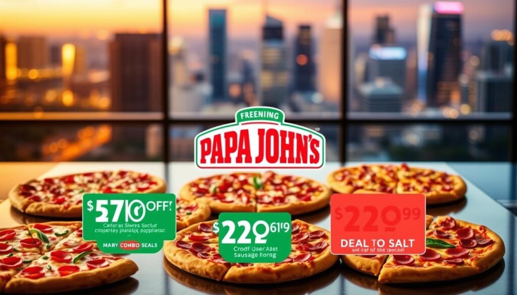 A stylish and appetizing image of Papa John's pizza specials and discounts. In the foreground, an array of freshly baked pizza slices, each with a distinct topping - pepperoni, sausage, veggie, and more. The pizzas are displayed on a sleek, modern tabletop, lit by warm, inviting lighting. In the middle ground, a prominent Papa John's logo stands out, accompanied by playful graphics showcasing the current pizza deals and combo offers. The background features a blurred, yet vibrant cityscape, hinting at the convenience and accessibility of the Papa John's locations. The overall composition conveys a sense of culinary expertise, value, and an enticing invitation to indulge in the tasty pizza specials.