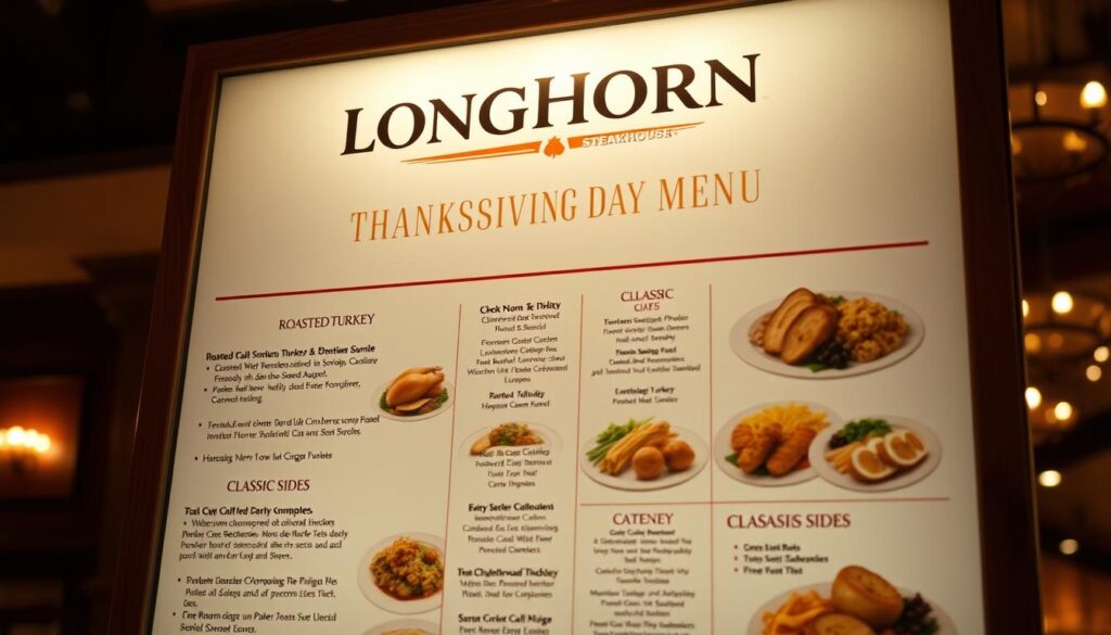 A stylized Thanksgiving menu board for LongHorn Steakhouse, illuminated by warm overhead lighting and shot with a wide-angle lens to capture the entire display. The menu features a prominent title "LongHorn Steakhouse Thanksgiving Day Menu", with a selection of seasonal offerings like roasted turkey, cranberry compote, and classic sides arranged in an elegant, appetizing layout. The background blurs softly, emphasizing the focus on the menu itself, which conveys a cozy, inviting atmosphere perfect for a holiday gathering.