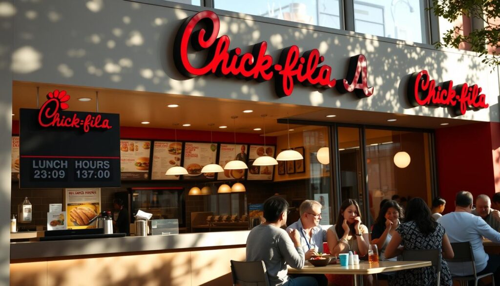 A sun-dappled storefront of a Chick-fil-A restaurant, with a prominent outdoor sign displaying the lunch hours variation for the location. In the foreground, a sleek, modern counter and menu boards showcase the brand's signature menu items. Patrons of diverse ages and backgrounds sit at cozy tables, enjoying their midday meals. The lighting is warm and inviting, with a mix of natural illumination from large windows and subtle overhead fixtures. The scene conveys a sense of community and a welcoming atmosphere, reflecting the regional and cultural nuances of this particular Chick-fil-A establishment.