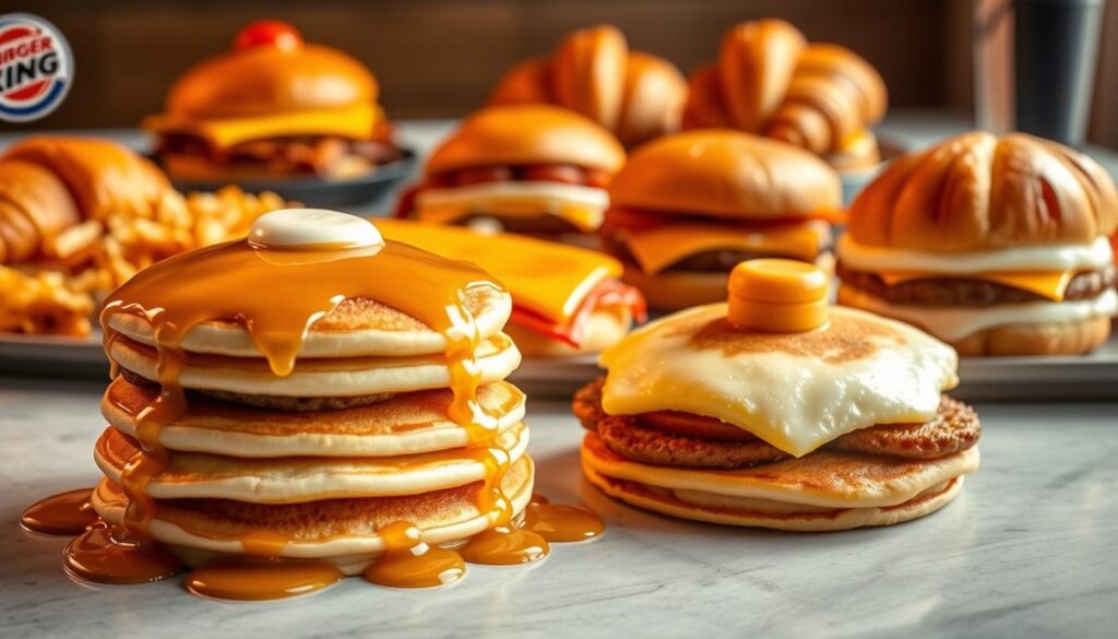 A tantalizing display of Burger King's breakfast specials, captured in a warm, inviting light. In the foreground, a stack of fluffy pancakes drizzled with golden syrup, accompanied by crisp hash browns and savory sausage patties. The middle ground features a tempting array of breakfast sandwiches, each with a perfectly cooked egg, melted cheese, and a choice of bacon or ham. In the background, a platter of Burger King's signature Croissan'wich offerings, their buttery, flaky croissant buns glistening. The scene exudes a cozy, morning atmosphere, inviting the viewer to indulge in these delectable breakfast treats.