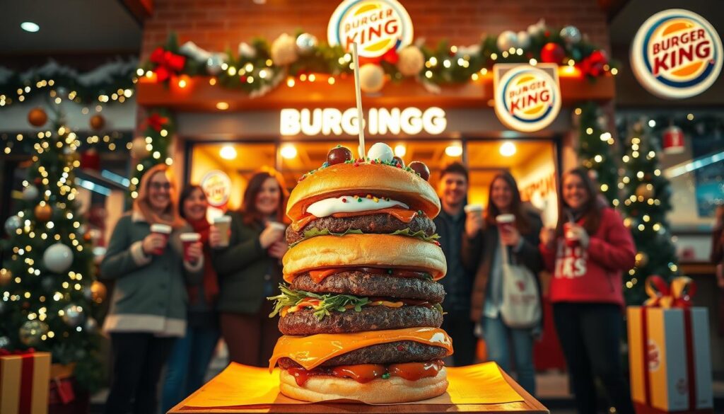 A vibrant and festive scene of a Burger King holiday promotion. In the foreground, a towering burger with colorful seasonal toppings and decorations, bathed in a warm, golden light. In the middle ground, a group of cheerful customers celebrating the holiday season, holding Burger King cups and bags. The background features a cozy, winter-themed Burger King restaurant, adorned with twinkling lights, garlands, and a cheerful holiday display. The scene conveys a sense of holiday cheer, festivity, and the special services and promotions that Burger King offers during the holiday season.