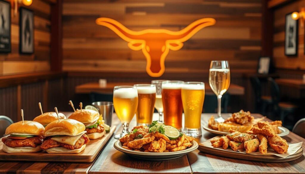 A vibrant and inviting scene of a Longhorn Happy Hour spread, captured in soft, golden lighting. In the foreground, an array of enticing appetizers and small plates - juicy sliders, crisp chicken tenders, and zesty quesadillas - artfully arranged on a rustic wooden table. Behind, a selection of frosty glasses brimming with refreshing beer, signature cocktails, and sparkling wine pairings. In the middle ground, the iconic Longhorn silhouette adorns the wall, lending a sense of brand and tradition. The background evokes a cozy, casual atmosphere with warm wooden accents and subtle hints of southwestern flair. The overall composition exudes a welcoming, laid-back vibe, perfectly capturing the essence of a Longhorn Happy Hour.