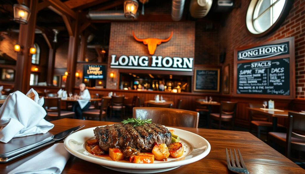 A vibrant, detailed scene of the LongHorn Steakhouse lunch specials, captured with a wide-angle lens in natural daylight. In the foreground, a wooden table adorned with crisp white linens and an elegant place setting, showcasing a juicy steak and a side of roasted vegetables. In the middle ground, the warm, rustic ambiance of the steakhouse interior, with its exposed beams, brick walls, and cozy lighting. The background features the LongHorn Steakhouse logo and a chalkboard menu displaying the daily lunch specials, inviting patrons to savor the flavors of the season. The overall atmosphere evokes a sense of casual sophistication, reflecting the welcoming and laidback dining experience that LongHorn Steakhouse is known for.