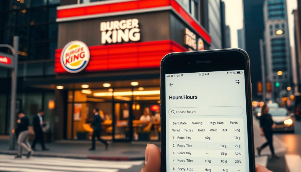 A vibrant, high-resolution image of a Burger King restaurant hours locator interface. The foreground features a smartphone display showcasing the Burger King website's location and hours search functionality, with clear labels and intuitive user interface elements. The middle ground depicts the exterior of a modern Burger King restaurant, complete with the iconic golden arches and a well-lit, inviting atmosphere. The background showcases a bustling city street, with pedestrians and vehicles creating a sense of activity and energy. The lighting is warm and natural, creating a welcoming ambiance. The overall composition emphasizes the ease and convenience of finding Burger King's operating hours through its digital platforms.