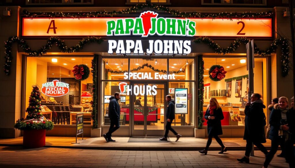 A vibrant, high-resolution image of a Papa John's storefront illuminated by warm lighting, showcasing a "SPECIAL EVENT HOURS" sign in the window. The scene depicts a cozy, festive atmosphere with decorative garlands, twinkling lights, and a sense of holiday cheer. The storefront is framed by a clean, modern facade, and the paved sidewalk leading to the entrance is dotted with pedestrians bundled up against the winter chill. The overall composition conveys a welcoming and inviting ambiance, perfectly capturing the essence of the "Special Events and Extended Hours" section of the article.
