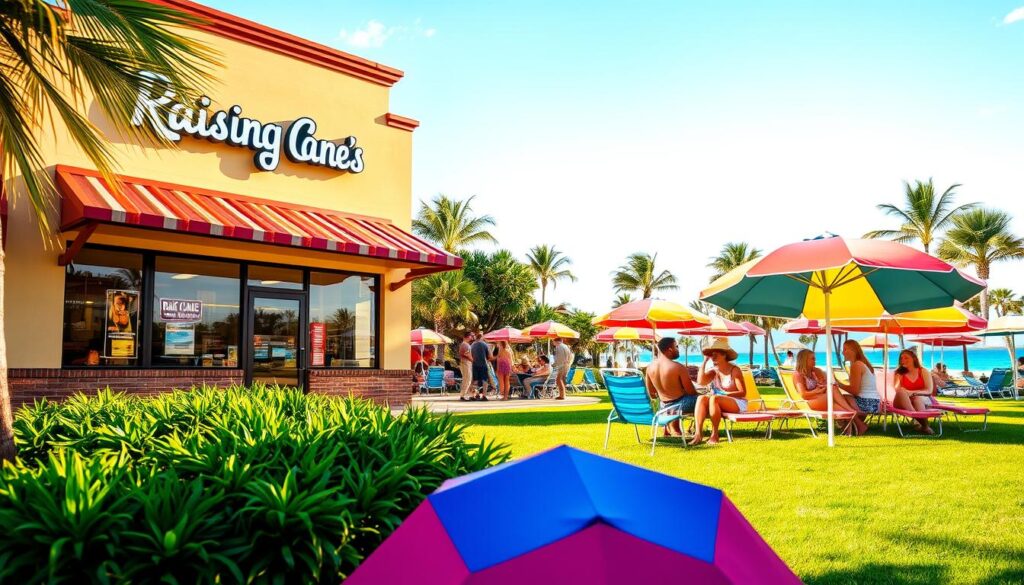 A vibrant summertime scene featuring the iconic Raising Cane's logo and branding. The restaurant's storefront is bathed in warm, golden sunlight, casting a welcoming glow. In the foreground, a lush, verdant lawn is dotted with colorful beach umbrellas and lounge chairs, creating a casual, holiday atmosphere. The mid-ground showcases a group of friends and families enjoying Raising Cane's signature chicken fingers and drinks, laughing and socializing. In the background, a cloudless, azure sky provides the perfect backdrop, hinting at the extended summer holiday hours. The overall composition conveys a sense of relaxation, celebration, and the carefree spirit of the season.