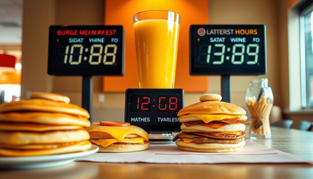 A vibrant, wide-angle photograph of a neatly arranged table displaying various fast food breakfast menu items. In the foreground, a stack of golden pancakes, a steaming breakfast sandwich, and a tall glass of orange juice are prominently featured. In the middle ground, a side-by-side comparison of digital clocks showcasing the breakfast service hours of Burger King and its competitors. The background is softly blurred, allowing the focus to remain on the central display. The scene is illuminated by warm, natural lighting, creating a inviting and appetizing atmosphere. The overall composition emphasizes the differences in breakfast service timings between the fast food chains.