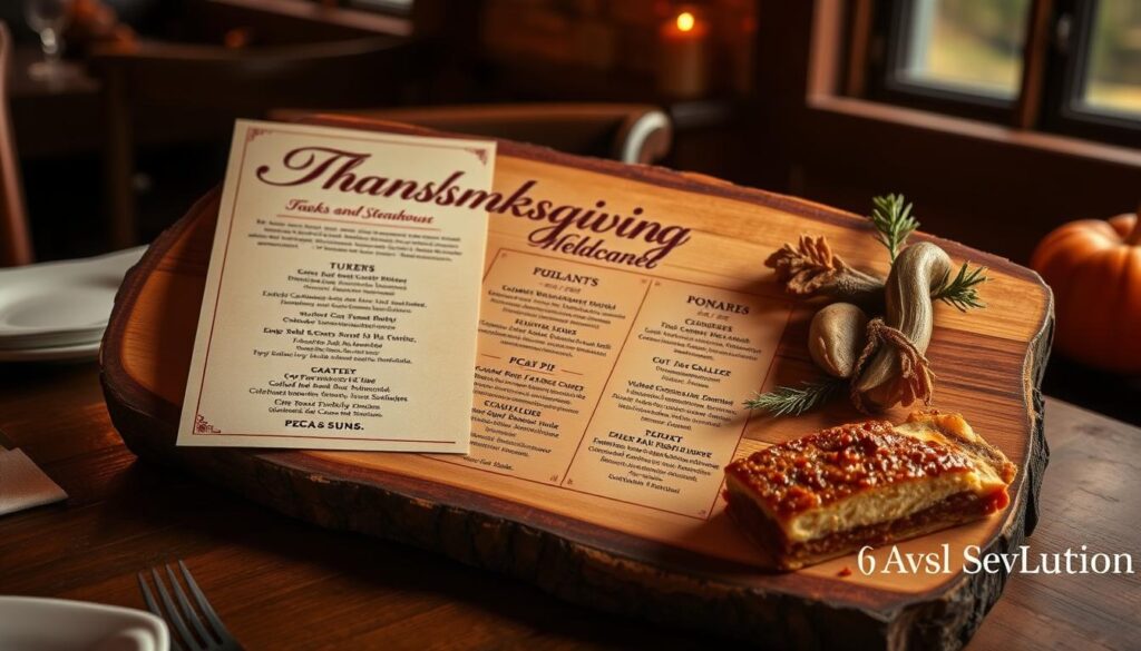 A warm and inviting Thanksgiving menu displayed on a rustic wooden board, lit by soft, natural lighting and accented with seasonal foliage. The menu features classic holiday dishes such as roasted turkey, mashed potatoes, and pecan pie, presented in an elegant, yet approachable style. The overall atmosphere evokes the cozy ambiance of a family-friendly steakhouse, ready to welcome guests for a memorable holiday celebration.