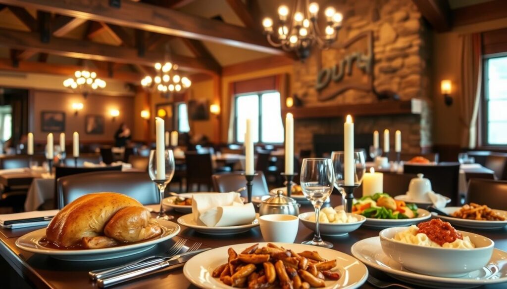 A warm and inviting dining scene at LongHorn Steakhouse, showcasing their Thanksgiving menu options. In the foreground, a table is set with elegant place settings, including plates filled with roasted turkey, mashed potatoes, and seasonal sides. Soft lighting from candles and chandeliers casts a cozy glow, while the background features the restaurant's rustic, lodge-like decor, complete with exposed wood beams and a stone fireplace. The overall atmosphere evokes a sense of comfort, hospitality, and the spirit of a traditional Thanksgiving gathering.