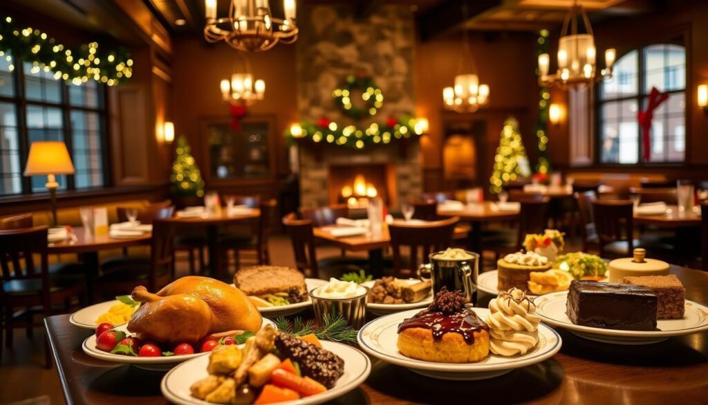 A warm, inviting interior of a LongHorn Steakhouse restaurant, showcasing their holiday lunch menu specials. In the foreground, a beautifully arranged display of festively decorated plates featuring roasted turkey, savory sides, and decadent desserts. Soft, golden lighting casts a cozy glow, while the middle ground features wooden tables and chairs set for an intimate dining experience. In the background, holiday-themed decor such as garlands, twinkling lights, and a crackling fireplace create a festive ambiance. The overall scene radiates a sense of holiday cheer and hospitality, enticing the viewer to indulge in LongHorn's special holiday offerings.