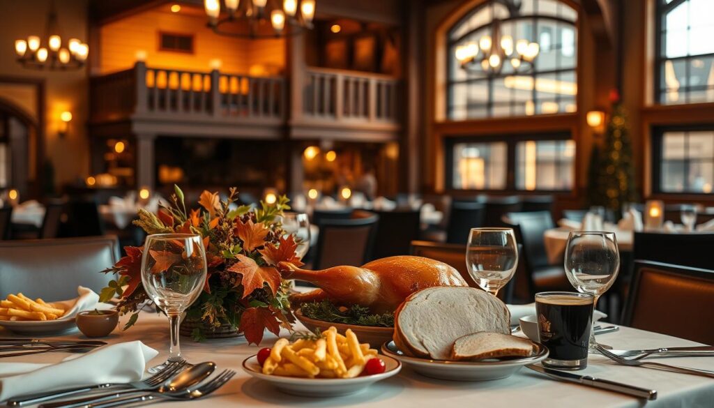 A warm, inviting scene showcasing the festive ambiance of LongHorn Steakhouse during the Thanksgiving holiday. In the foreground, a well-appointed table setting with elegant dinnerware, a centerpiece of autumn foliage, and a delectable turkey dish. Middle ground features cozy, rustic decor elements like wooden accents and soft lighting, conveying a welcoming atmosphere. The background depicts the restaurant's signature western-inspired architecture and design, with gentle golden lighting filtering through large windows. An overall mood of comfort, hospitality, and holiday cheer permeates the scene, enticing the viewer to imagine dining at LongHorn Steakhouse during the Thanksgiving season.