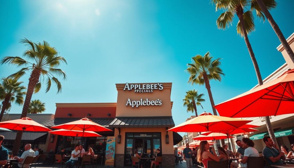 A warm, sun-drenched street in a vibrant California town, with Applebee's restaurant standing proudly in the foreground. The exterior features the brand's distinct signage and architecture, inviting passersby to step inside and enjoy the happy hour specials. The scene is captured from a low angle, highlighting the building's imposing presence and the lively energy of the surrounding area. Colorful umbrellas shade outdoor seating areas, where patrons sip cocktails and share appetizers against a backdrop of palm trees and clear, blue skies. The overall atmosphere radiates a sense of California casual charm and the joy of gathering with friends for a relaxed, after-work celebration.