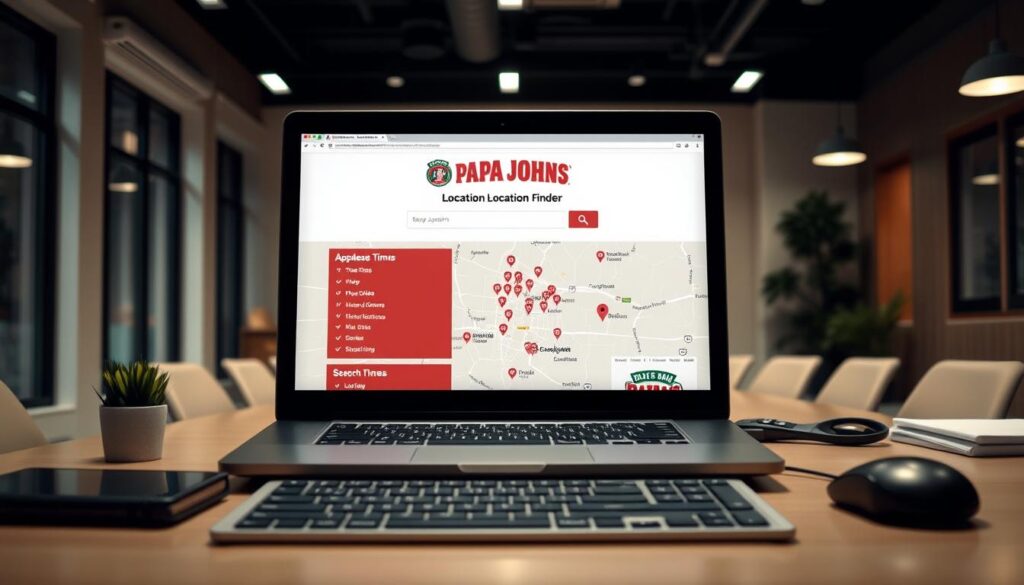 A well-lit and detailed image of the Papa John's location finder website on a laptop or desktop computer screen. The foreground shows the website interface with a prominent location search bar and map displaying store locations. The middle ground features a professional-looking office desk with a keyboard, mouse, and other office accessories. The background showcases a modern and minimalist office environment with large windows, neutral-toned walls, and subtle lighting. The overall atmosphere conveys a sense of productivity, efficiency, and ease of access to information about Papa John's closing times and locations.
