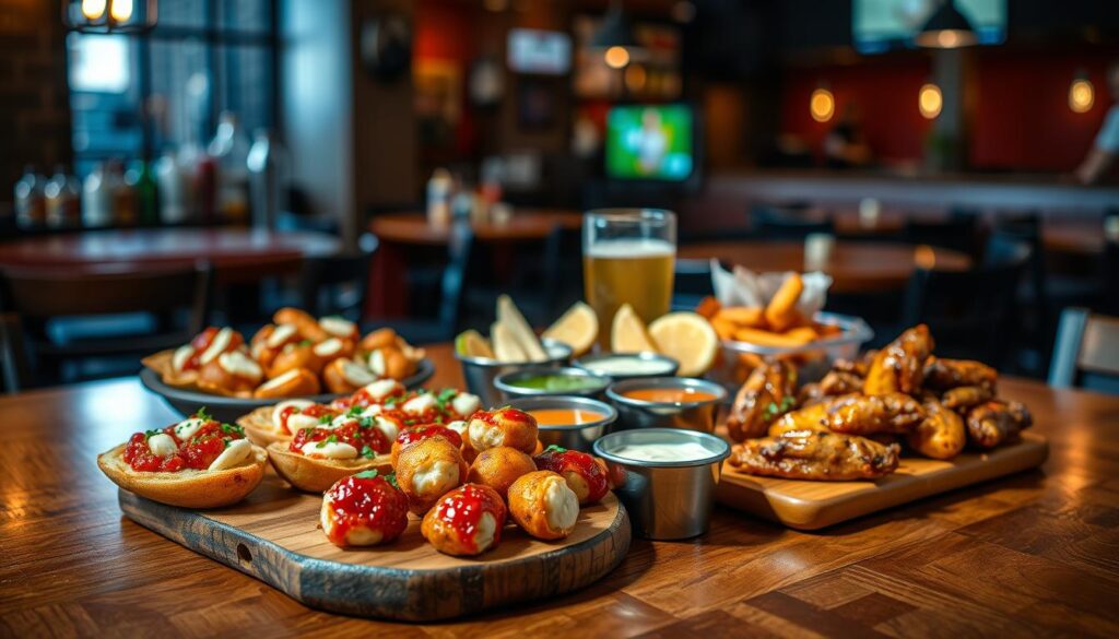 A well-lit and inviting table setting, showcasing a selection of delectable Applebee's Happy Hour appetizers. In the foreground, an array of mouthwatering dishes, including loaded potato skins, mozzarella sticks, and boneless wings, artfully arranged on a rustic wooden surface. The middle ground features a complementary spread of dipping sauces, garnishes, and fresh lemon wedges, creating a visually appealing and appetizing composition. The background subtly hints at the warm, casual atmosphere of an Applebee's restaurant, with soft lighting and hints of the bar's ambiance. The overall scene evokes a sense of indulgence and the joy of sharing delicious happy hour bites with friends.