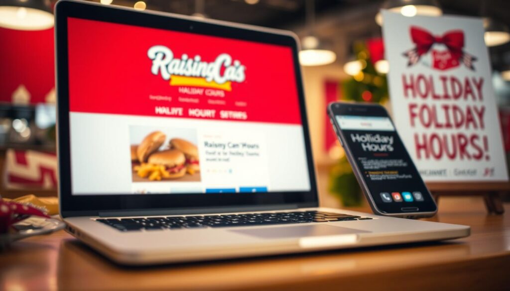 A well-lit close-up shot of various sources for Raising Cane's holiday hours information, including a laptop screen displaying the company's website, a smartphone showing a mobile app, and a physical holiday hours sign or poster in a Raising Cane's restaurant. The foreground is in sharp focus, while the background is gently blurred, creating a sense of depth and emphasis on the information sources. The lighting is warm and inviting, reflecting the cozy and festive atmosphere of the holiday season. The overall composition and styling convey a sense of reliable, accessible, and up-to-date holiday hours information for Raising Cane's customers.