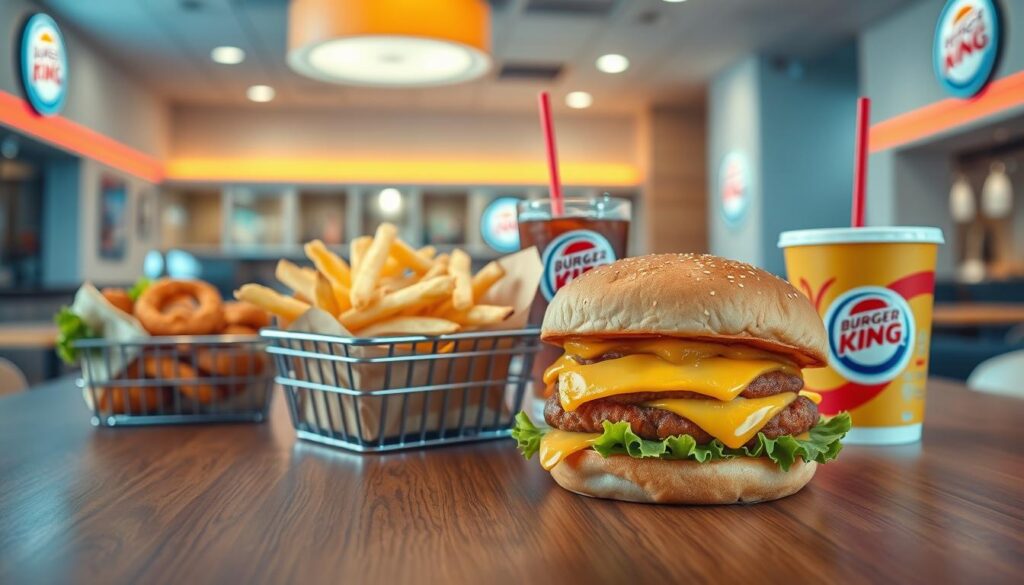 A well-lit, high-quality photograph of an assortment of Burger King lunch specials displayed on a wooden table. In the foreground, a juicy Whopper burger with melted cheese, crisp lettuce, and a golden bun. Next to it, a basket of perfectly golden french fries and a refreshing soft drink. In the middle ground, a selection of side dishes such as onion rings and chicken nuggets. The background features a clean, modern Burger King restaurant interior with bright lighting and minimalist decor, creating a welcoming and appetizing atmosphere. The overall composition emphasizes the visual appeal and variety of the Burger King lunch menu.