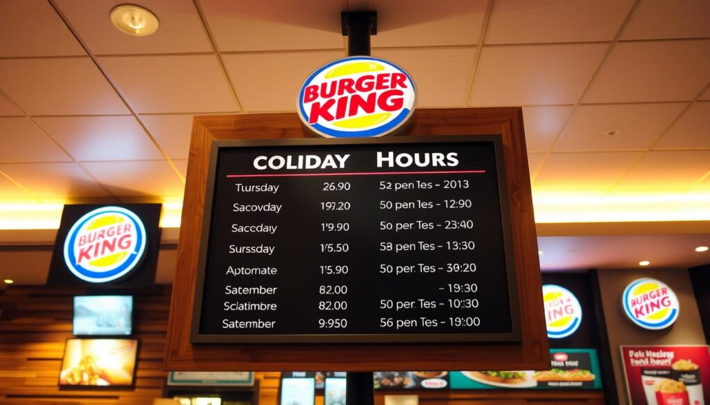 A well-lit, high-resolution image of a Burger King restaurant interior, showcasing a prominent display board with the store's holiday hours listed by location. The board is made of high-quality materials, such as wood or metal, with a clean, modern design. The lighting is warm and inviting, creating a cozy atmosphere. The background features other Burger King branding elements, such as the iconic logo and signage, seamlessly integrated into the scene. The overall composition conveys a sense of professionalism and attention to detail, reflecting the importance of providing customers with accurate, location-specific holiday hours.