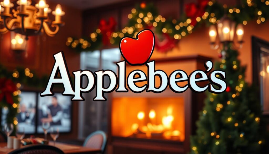 A well-lit, high-resolution image of the Applebee's logo and branding displayed against a backdrop of an elegant holiday setting. The logo is the prominent focal point, rendered in vivid detail with a dimensional, metallic finish. The background features a cozy, festive ambiance with subtle holiday decor such as twinkling lights, garlands, and a warm, inviting color palette. The overall composition conveys a sense of celebration and cheer, setting the stage for the "Applebee's Holiday Hours During National Holidays" section of the article.