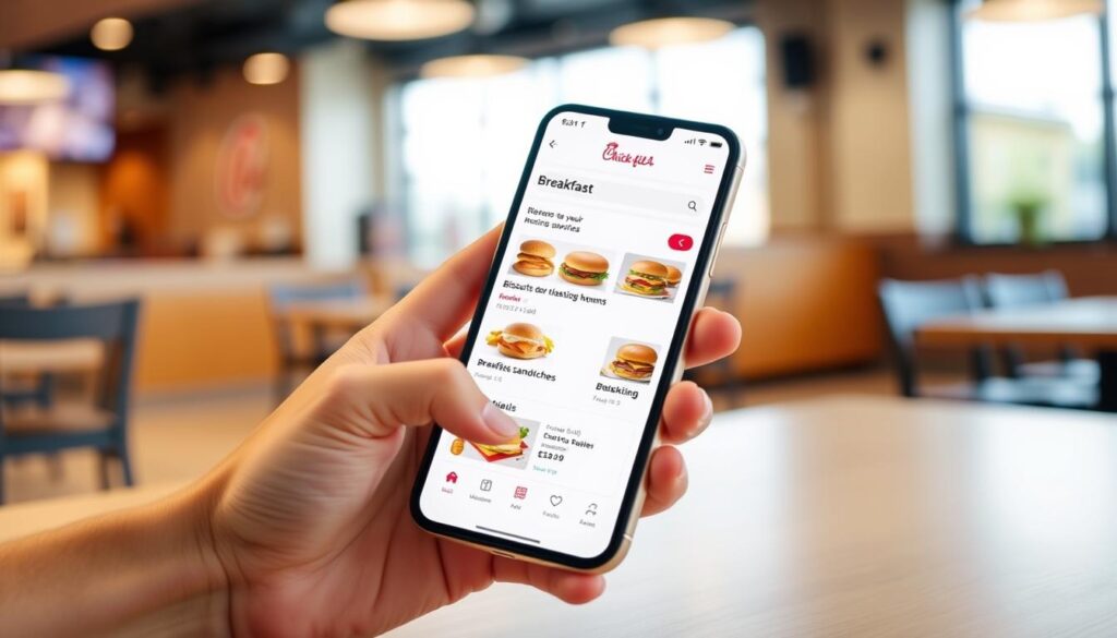 A well-lit, high-resolution photograph of a Chick-fil-A restaurant's mobile ordering interface displayed on a smartphone screen. The smartphone is held in a hand, resting on a clean, wooden tabletop. The interface shows a clear, easy-to-navigate menu with breakfast items like biscuits, hash browns, and breakfast sandwiches. The screen is bright and vibrant, with a modern, user-friendly design. The background is blurred, with a glimpse of the restaurant's interior, conveying a sense of efficiency and convenience for Chick-fil-A's breakfast mobile ordering service.