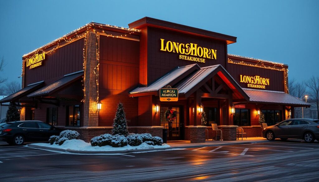 A well-lit, high-resolution photograph of the exterior of a LongHorn Steakhouse restaurant on a snowy Christmas Eve evening. The building is adorned with festive holiday decorations like twinkling lights and a wreath on the entrance, creating a warm and inviting atmosphere. The parking lot is partially covered in a light dusting of snow, and a few cars are visible. The scene conveys a sense of cozy holiday cheer and the special operating hours for the establishment on this particular day.