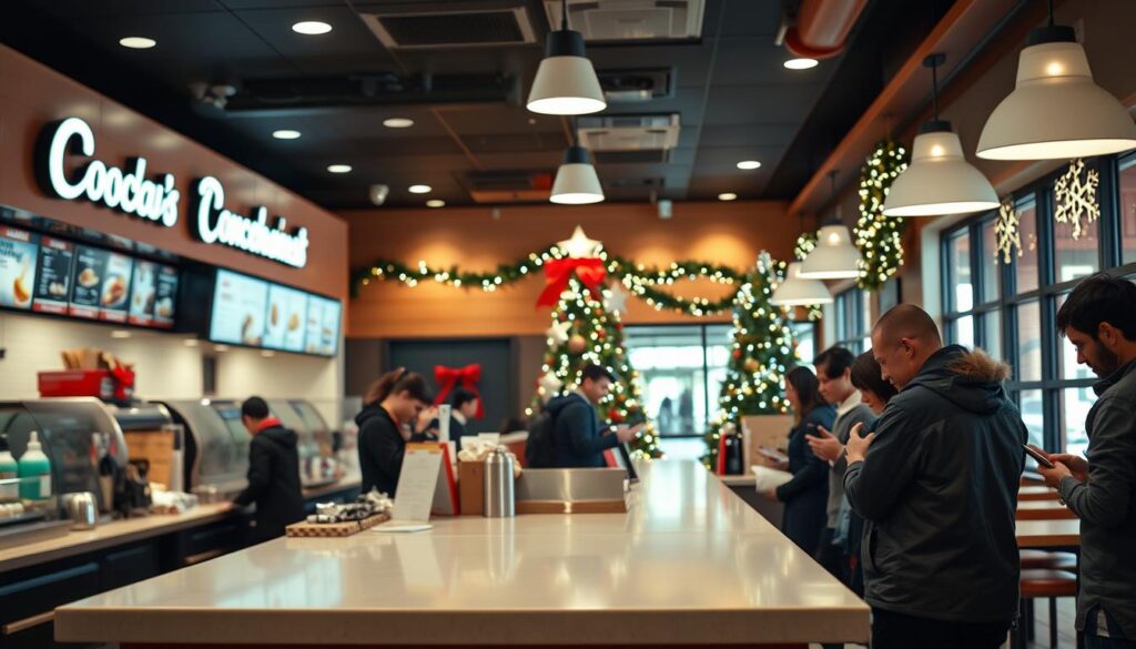 A well-lit, high-resolution photograph of the interior of a Raising Cane's restaurant on Christmas Eve. The foreground shows a clean, modern counter with various menu items and items for sale. The middle ground features several customers checking their phones or speaking with staff. The background showcases the restaurant's warm, inviting atmosphere with festive holiday decorations, including a Christmas tree, garlands, and string lights. The image has a sharp focus, a shallow depth of field, and a balanced composition that highlights the key elements. The overall mood is one of holiday cheer and efficient customer service.