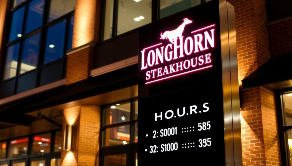 A well-lit sign with the LongHorn Steakhouse logo prominently displayed, standing tall against a backdrop of a modern, brick-and-glass facade. The sign showcases the store hours in a clear, legible font, providing the necessary information for potential customers. The scene conveys a sense of professionalism and attention to detail, reflecting the high-quality dining experience that LongHorn Steakhouse is known for. The lighting is warm and inviting, creating an atmosphere that encourages visitors to step inside and enjoy a delicious meal. The overall composition is balanced and visually appealing, highlighting the key details that a customer would need to plan their visit.