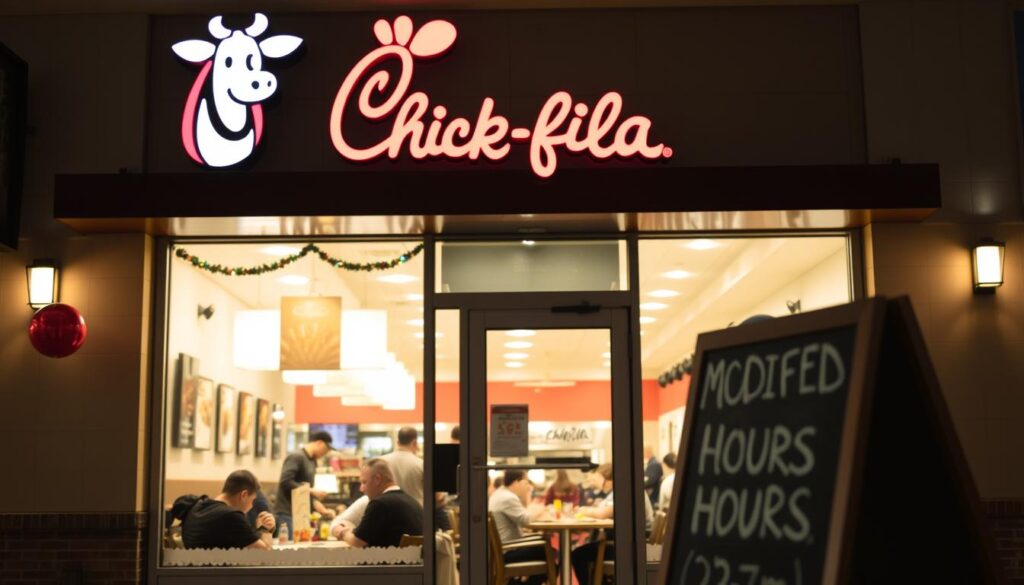 A well-lit storefront of a Chick-fil-A restaurant, its iconic cow mascot prominently displayed on a prominent sign. The entrance is adorned with festive decorations, hinting at a special event taking place. Through the glass windows, the interior is bustling with activity, diners enjoying a lively atmosphere. Warm lighting casts a cozy glow, while a subtle depth of field draws the viewer's attention to the modified hours information displayed on a chalkboard-style sign. The overall scene conveys a sense of community and celebration, reflecting the special nature of the event.