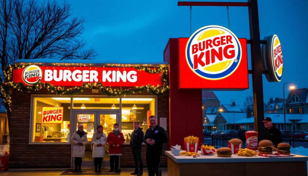 Burger King Holiday Hours: a festive scene of a Burger King restaurant, with a warm, cozy glow radiating from the windows on a winter evening. The building is adorned with twinkling lights and garlands, creating a inviting, holiday atmosphere. In the foreground, a friendly team of Burger King employees greet customers at the entrance, dressed in holiday-themed uniforms. The middle ground showcases the restaurant's signature flame-grilled burgers, fries, and other menu items, arranged artfully on a counter. The background features a cityscape with snow-capped roofs, hinting at the special holiday hours and seasonal offerings available at this Burger King location.