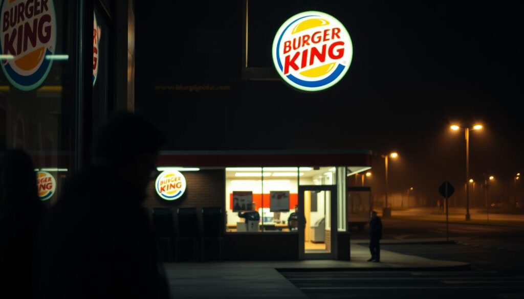Burger King closing time, a dimly lit storefront with neon signs dimming, the signature crown logo casting a warm glow. In the foreground, a lone customer lingers, their face partially obscured by the reflection of the menu board. The mid-ground showcases the restaurant's exterior, with a sense of impending closure - chairs stacked, doors locked, the parking lot nearly empty. The background fades into the night, streetlights casting a hazy, atmospheric ambiance. The scene conveys a melancholic yet contemplative mood, reflecting the recent changes in Burger King's operating hours.