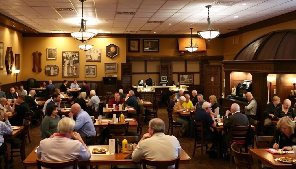 Cracker Barrel dining room during peak hours, with a cozy and bustling atmosphere. The foreground features a crowded, yet orderly dining area, with patrons seated at wooden tables and chairs, enjoying hearty comfort food. The middle ground showcases the iconic Cracker Barrel decor, with vintage-inspired wall hangings, rocking chairs, and an old-fashioned cash register. In the background, a warm, golden lighting casts a welcoming glow, creating a sense of nostalgia and homeliness. The scene captures the quintessential Cracker Barrel experience, where families and friends gather to savor delicious meals and soak in the charming, timeless ambiance.