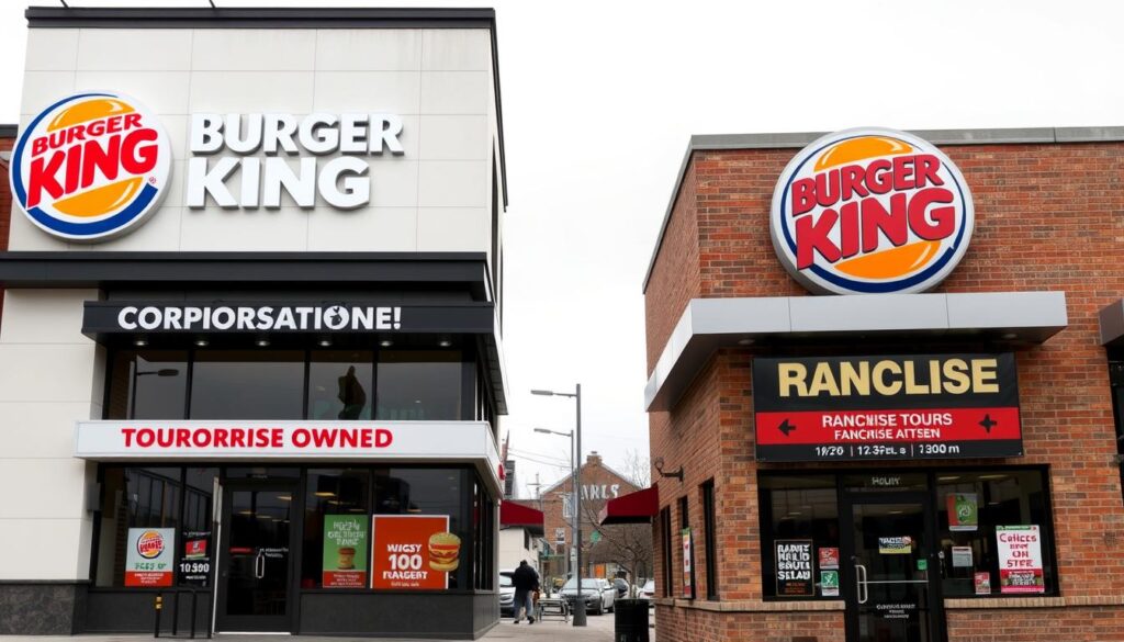Detailed comparative storefront of two Burger King locations, one corporate-owned and one franchise, side by side under bright, overcast daylight. The corporate store has a sleek, modern design with clean lines and a bold Burger King logo, while the franchise store has a more traditional aesthetic with a classic Burger King sign and rustic brick facade. Both storefronts feature prominent hours of operation signage, allowing for easy visual comparison. The scene is shot from a slightly elevated angle, capturing the full height of the buildings and emphasizing the contrast between the two styles. The overall mood is informative and factual, conveying the differences between franchise and corporate Burger King stores.