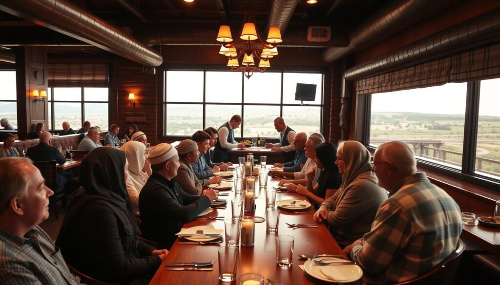 Longhorn Steakhouse Inclusive Dining Experience: A warm, inviting interior with rustic decor, dim lighting, and a cozy ambiance. In the foreground, diverse patrons of various faiths and backgrounds dine together at a long, wooden table, engaging in friendly conversation. The middle ground features a team of attentive servers catering to the guests' needs, ensuring a comfortable and inclusive experience. The background showcases a serene landscape through large windows, evoking a sense of tranquility and harmony. The overall scene reflects the seamless integration of western hospitality and religious respect, creating a welcoming atmosphere for all.