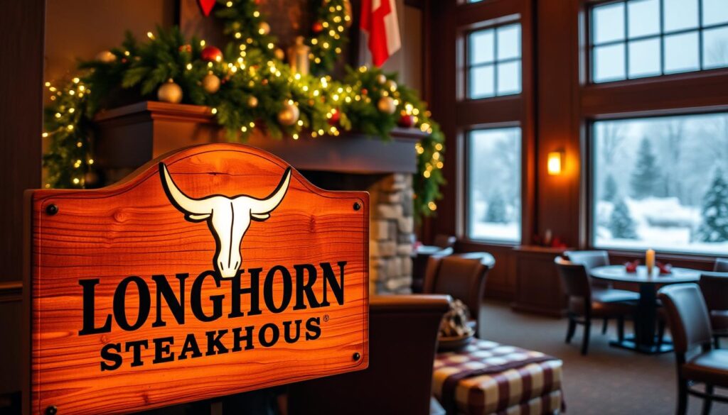 Longhorn Steakhouse holiday hours, showcased against a warm, festive background. In the foreground, a rustic wooden sign with the Longhorn Steakhouse logo, elegantly illuminated by a soft, golden glow. Behind it, a cozy fireplace mantled with seasonal decor - pine garlands, twinkling lights, and ornaments. The middle ground features a glimpse of a well-appointed dining room, with rich leather seating and wood-paneled walls. In the background, a snow-covered landscape visible through large windows, creating a serene, winter wonderland atmosphere. The lighting is soft and inviting, evoking a sense of holiday cheer and hospitality.