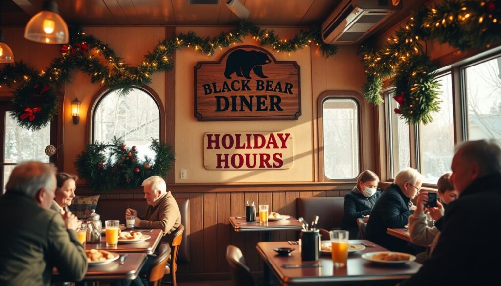 Prompt A cozy, rustic diner interior with warm lighting and a classic holiday ambiance. A wooden sign prominently displayed on the wall reads "BLACK BEAR DINER HOLIDAY HOURS", surrounded by festive garlands, wreaths, and twinkling string lights. The diner's signature bear logo is subtly integrated into the holiday decor. Customers are seated at tables, enjoying hearty breakfast dishes as the winter sun streams in through large windows, casting a gentle glow over the scene. The overall mood is inviting, nostalgic, and captures the spirit of a cherished holiday breakfast tradition.