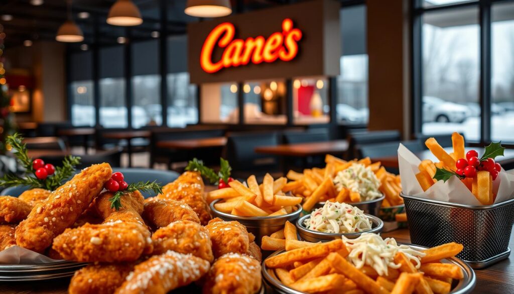 Raising Cane's Holiday Specials: A festive feast on a winter evening. In the foreground, a lavish spread of Cane's signature chicken fingers, crisp fries, and creamy coleslaw, adorned with sprigs of holly and red and green decorations. In the middle ground, a sleek, modern Cane's restaurant interior, with warm lighting and a cozy atmosphere. In the background, a snowy landscape outside the large windows, hinting at the chilly winter weather. The scene conveys a sense of comfort, indulgence, and holiday cheer, perfect for the "Special Holiday Menu Options and Deals" section of the article.