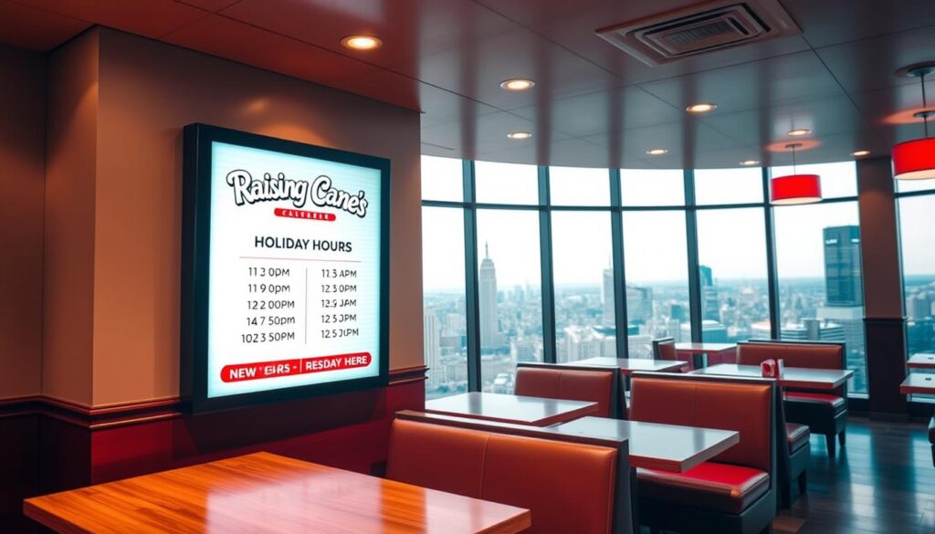Raising Cane's New Year's Holiday Hours A cozy, well-lit diner interior with a sleek, modern aesthetic. The foreground features a large wall-mounted digital display showing the Raising Cane's logo and holiday hours information, presented in a clean, easy-to-read layout. The middle ground showcases the restaurant's signature red and white color scheme, with polished wooden tables, plush booth seating, and vibrant neon accents. The background depicts a panoramic view of a bustling city skyline through large, floor-to-ceiling windows, hinting at the location of this particular Raising Cane's establishment. The overall mood is one of welcoming, celebratory hospitality, perfectly suited for ringing in the new year.