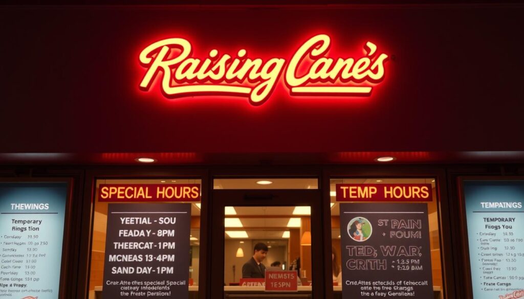 Raising Cane's Special Hours and Schedule Changes: A neon-lit storefront with a minimalist, modern design showcases the restaurant's logo against a backdrop of soft, warm lighting. The menu boards display the hours of operation, with "Special Hours" and "Temporary Changes" highlighted in a bold, attention-grabbing font. The scene conveys a sense of professionalism and attention to detail, reflecting the brand's commitment to providing reliable information to its customers.