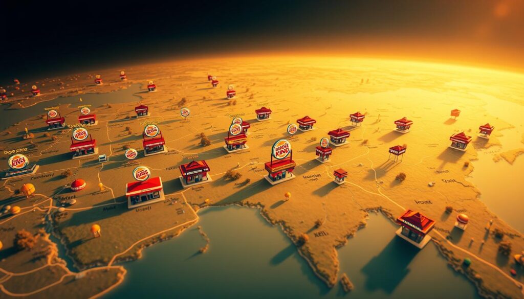 Sweeping map of Burger King locations across a region, showcasing the varying lunch hour schedules. A vibrant, detailed landscape with carefully rendered restaurant icons in a range of colors to denote operating hours. Warm, diffused lighting casts a golden glow, creating a sense of inviting accessibility. The scene captures the diversity of Burger King's regional presence, highlighting the need to tailor dining experiences to local preferences and schedules. Captured with a wide-angle lens to provide an expansive, panoramic view, allowing the viewer to fully appreciate the nuances of the regional variations.